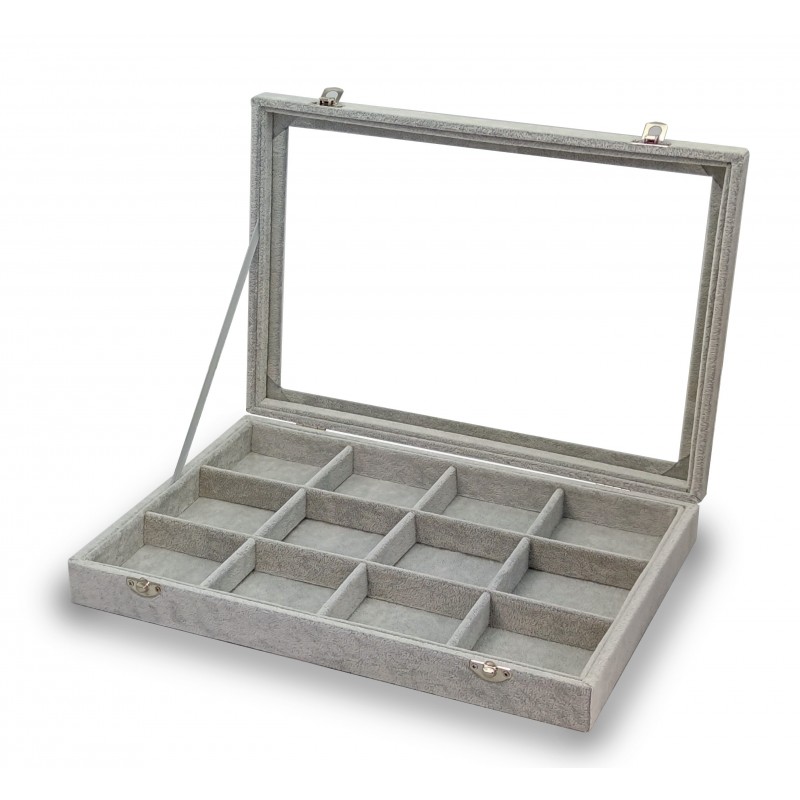 Caja guarda gemelos, anillos ,12  espacios gris