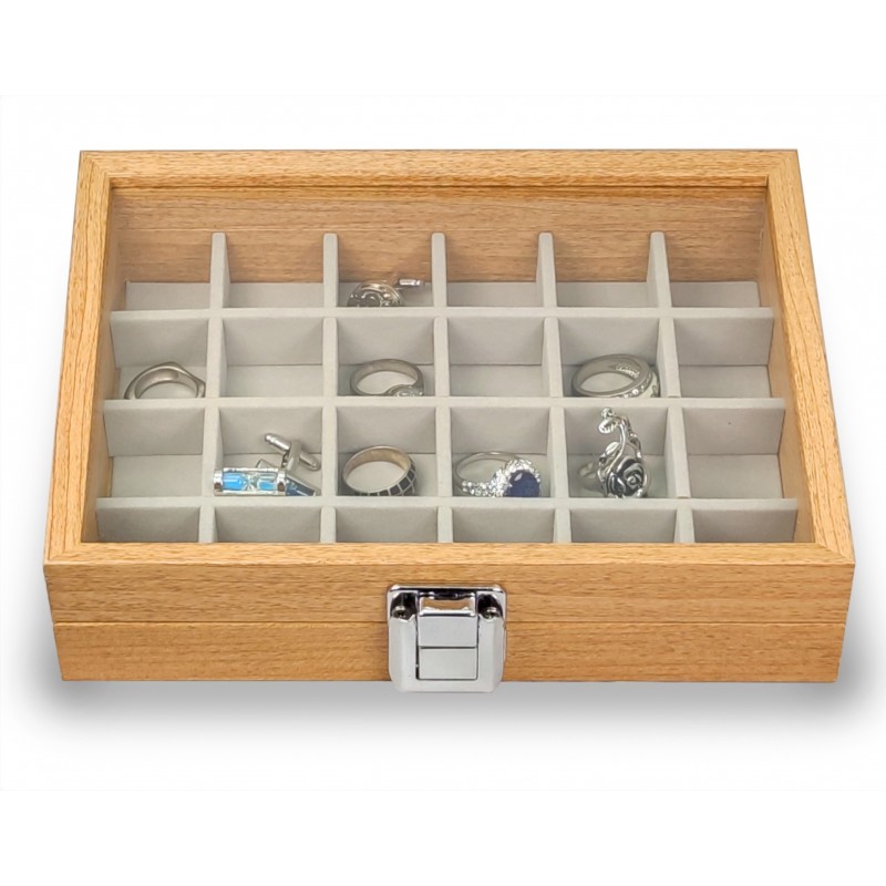 Caja guarda gemelos, anillos ,sortijas. 12 espacios madera